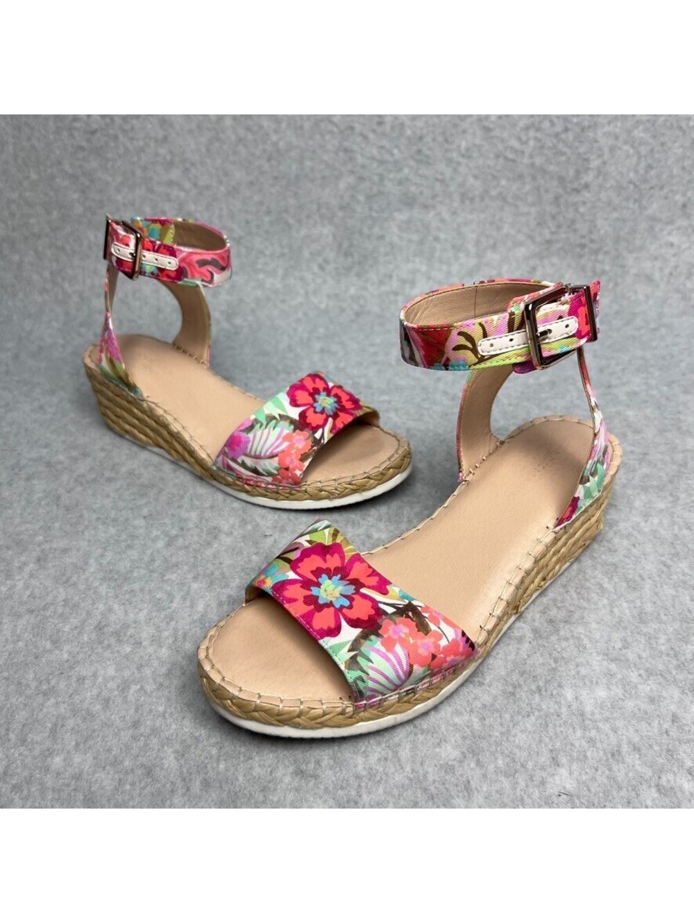 Alex Marie Floral Espadrille Wedge Sandals Pink Tropical Ankle Strap Shoes 7.5M
